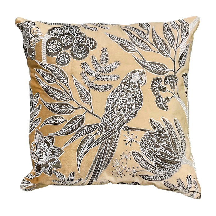 Zierkissen aus Samt in Gold – Vogelmotiv & florale Details – 50×50 cm – exotisch-elegant