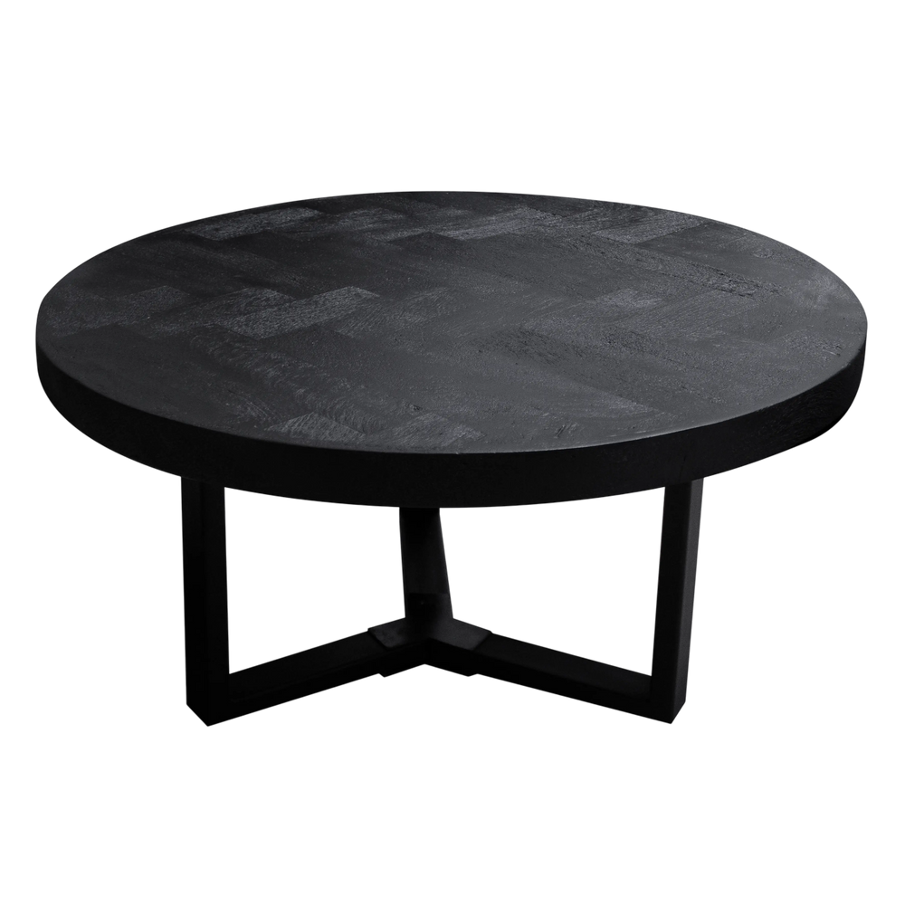 Couchtisch aus Mangoholz in Schwarz mit Fischgrätmuster – rund – modernes Design