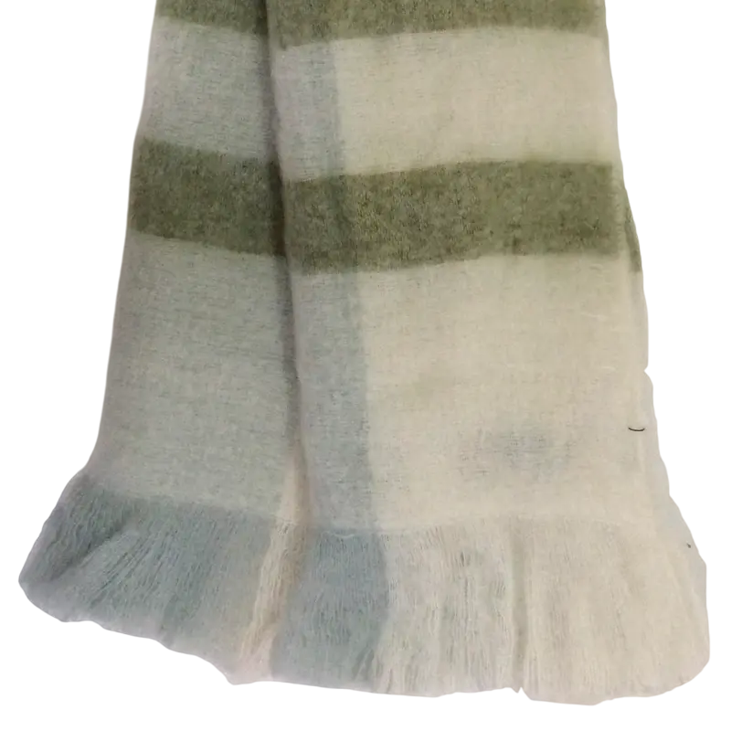 Wohndecke grün–weiß aus Wollmix – mit Fransen – 170×130 cm – rustikal & gemütlich