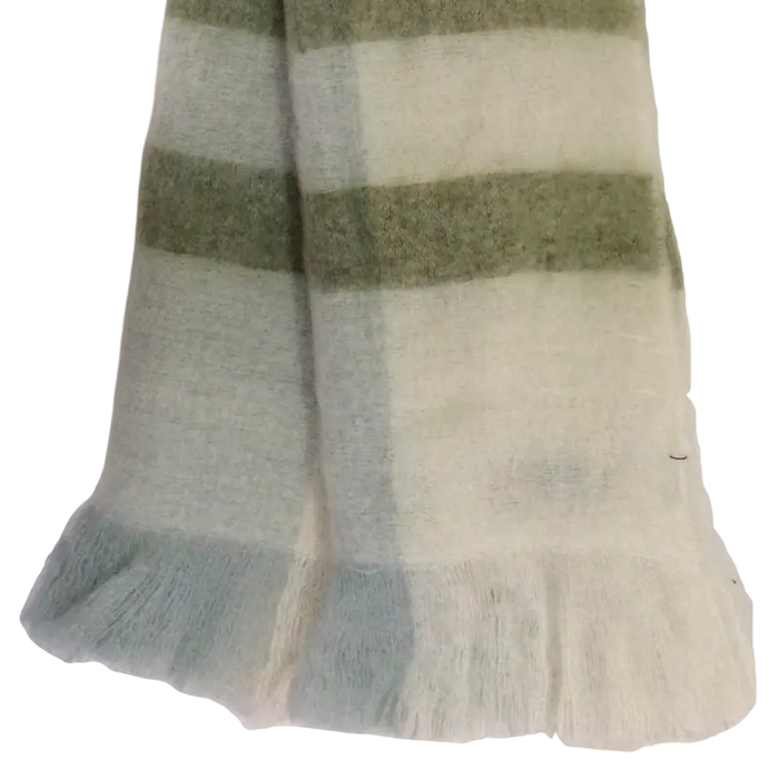 Wohndecke grün–weiß aus Wollmix – mit Fransen – 170×130 cm – rustikal & gemütlich