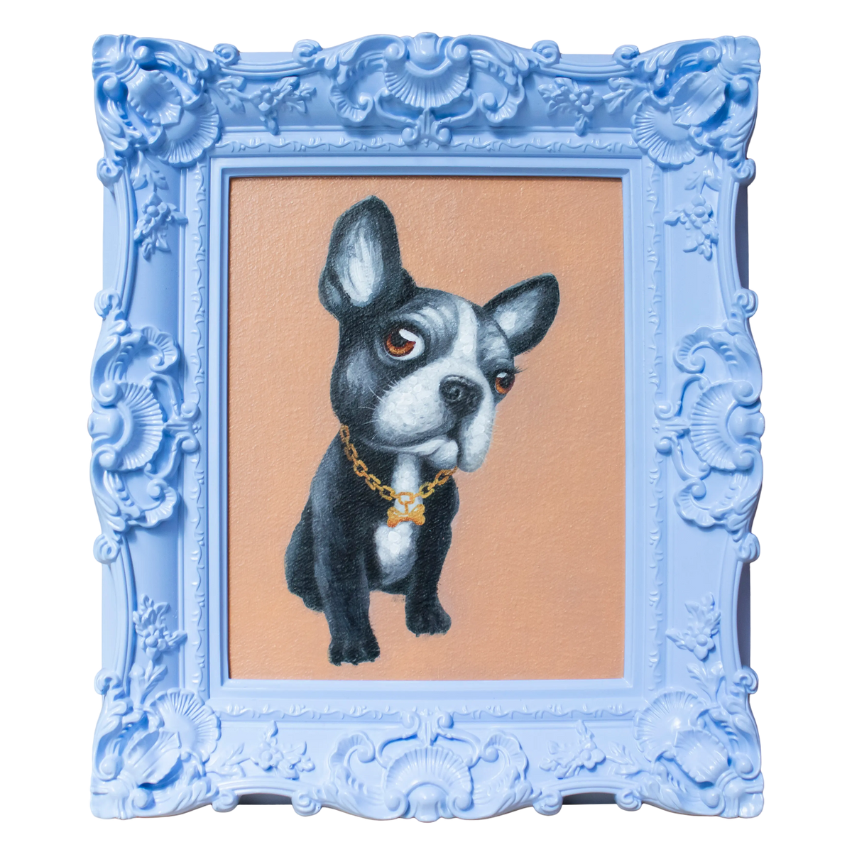 Handgemaltes Bild Hund im lilafarbenen Rahmen – 31x36 cm – verspielt & originell