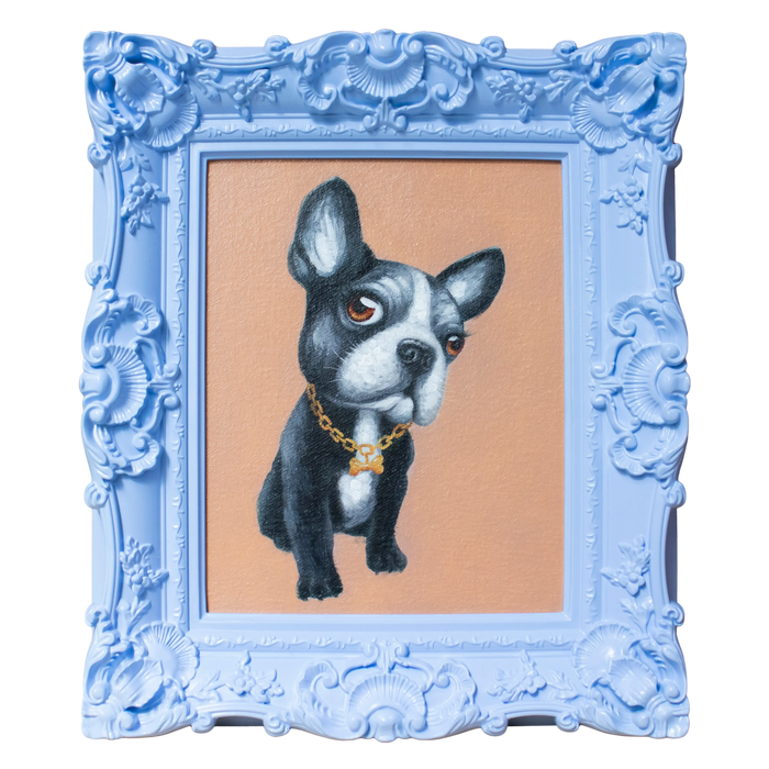 Handgemaltes Bild Hund im lilafarbenen Rahmen – 31x36 cm – verspielt & originell