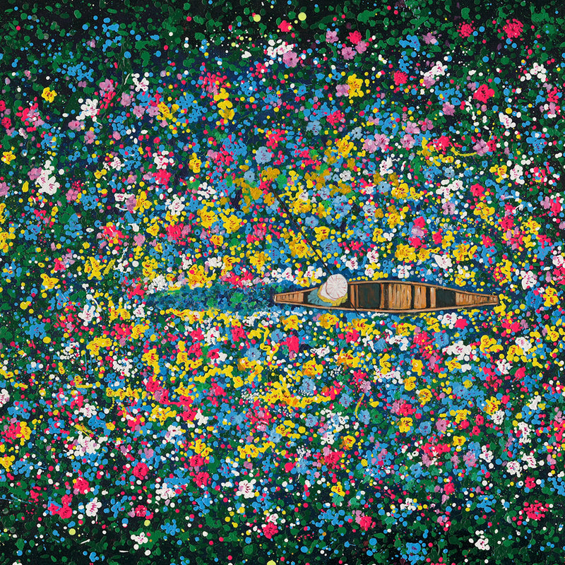 Wandbild mit Bootsszene und Blumen – handgemalt auf Leinwand – 100×150 cm – maritimes Flair