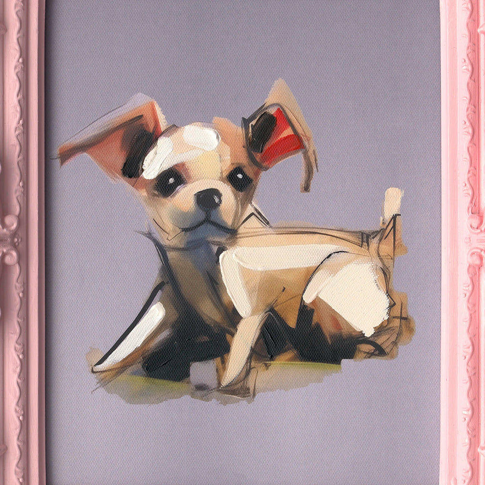 Handgemaltes Bild Chihuahua mit pinkem Rahmen – 30x35 cm – verspielt & dekorativ