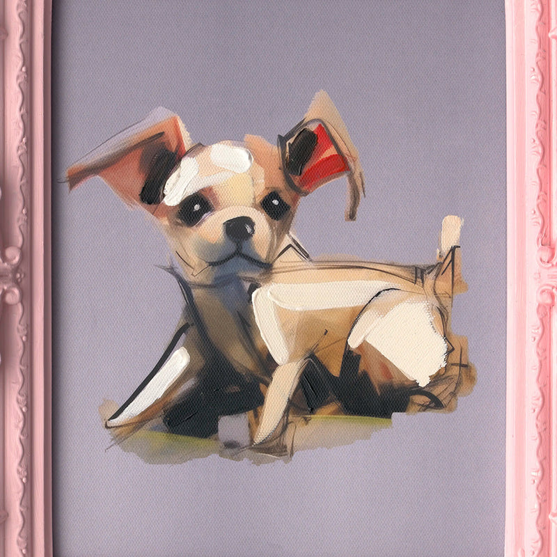 Handgemaltes Bild Chihuahua mit pinkem Rahmen – 30x35 cm – verspielt & dekorativ