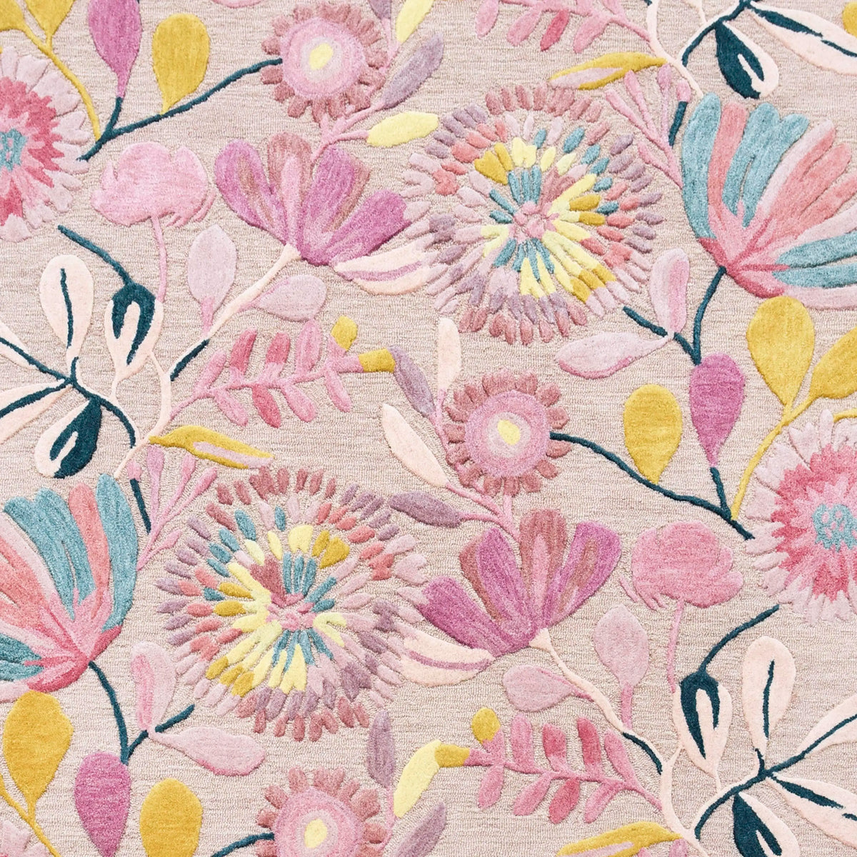 Teppich Wolle Rosa Blumen Rund 250 — handgetuftetes Unikat