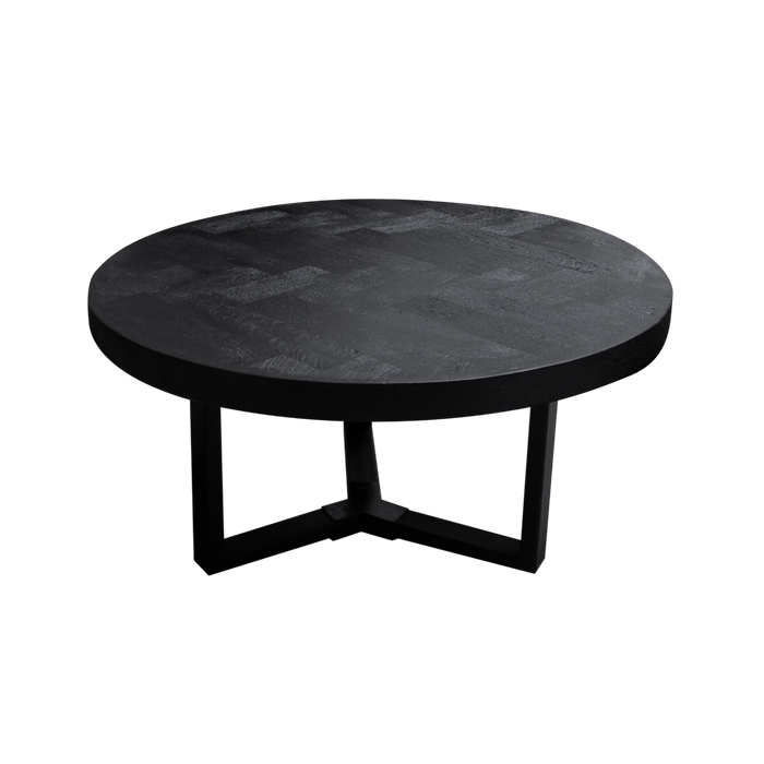 Couchtisch aus Mangoholz in Schwarz mit Fischgrätmuster – rund – modernes Design