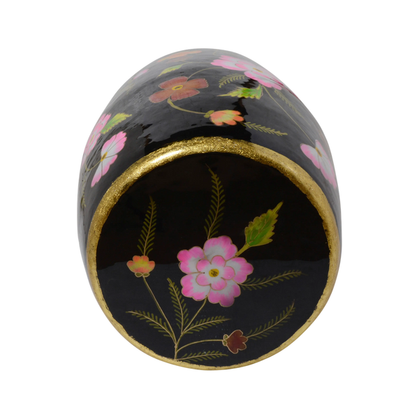 Metallhocker handbemalt mit Blumen – Schwarz mit Goldrand – 36 x 46 cm – orientalisch