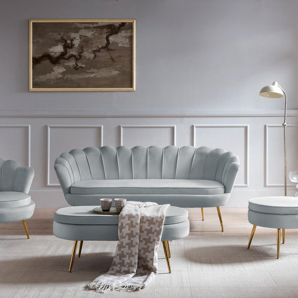 Muschelsofa 3-Sitzer aus hellgrauem Samt mit Goldgestell – 180×76×78 cm