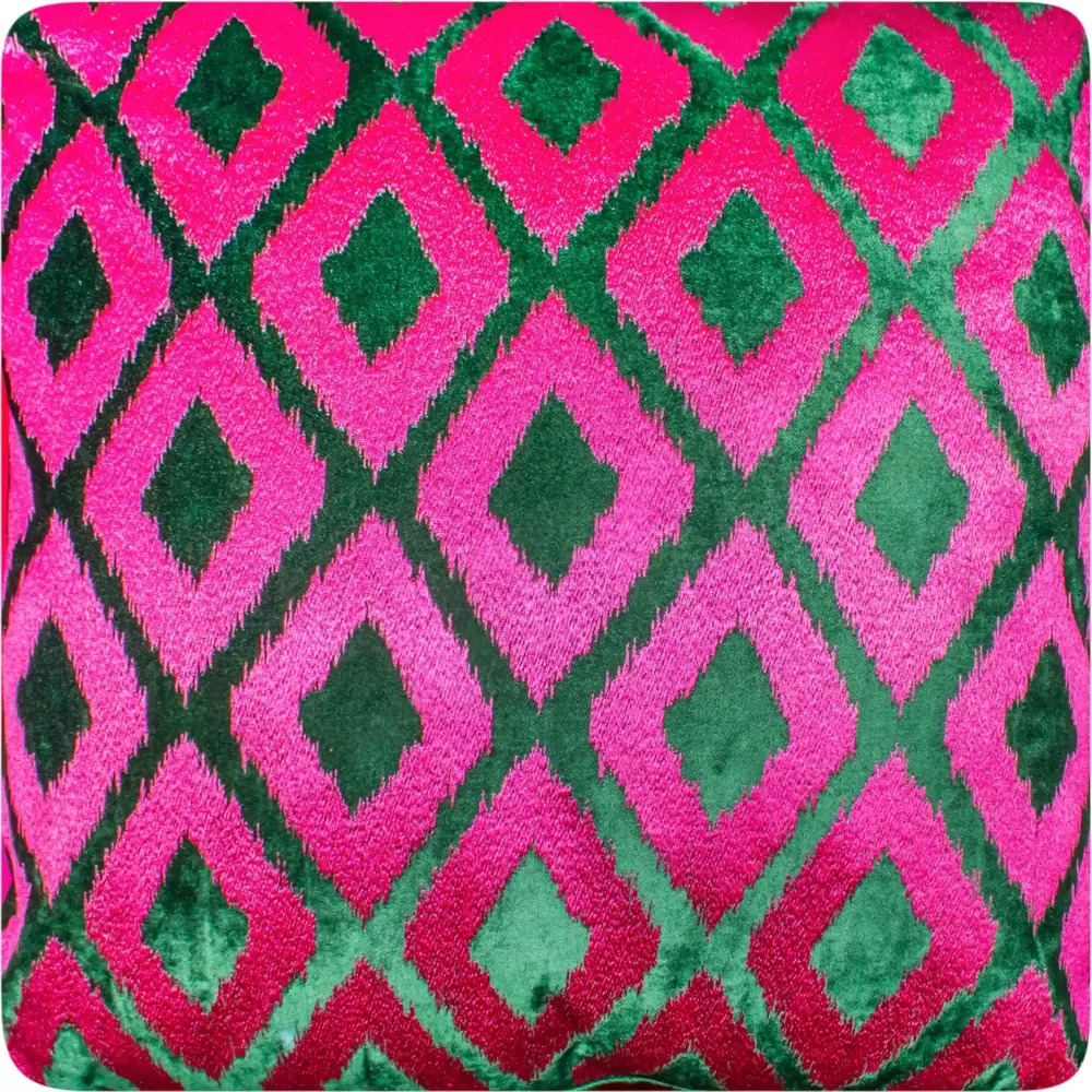 Samtkissen 50x50 cm – Rautenmuster in Fuchsia & Dunkelgrün – mit Füllung – modern & extravagant