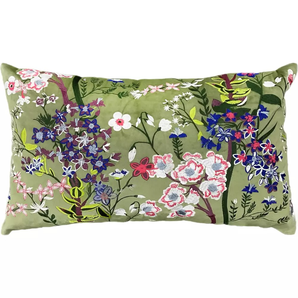 Samtkissen 60x35 cm – Moosgrün mit bunter Blumenstickerei – mit Füllung – romantisch & boho–elegant