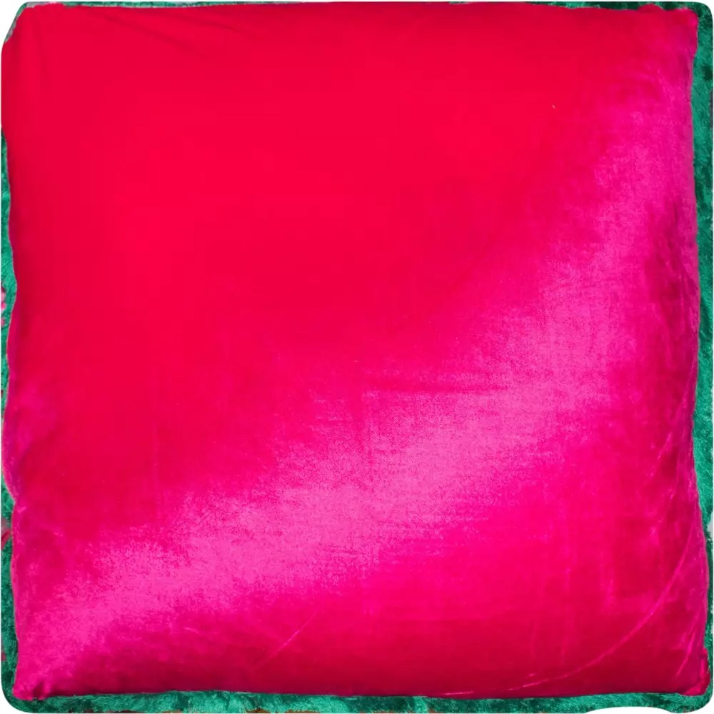 Samtkissen 60x60 cm – Fuchsia mit hellgrüner Fransenborte – mit Füllung – farbenfroh & glamourös