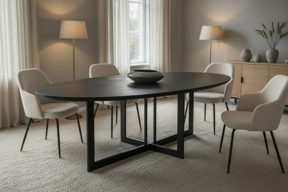 Onyx Esstisch Fischgrät Schwarz oval 260x120 — festliche Tiefe