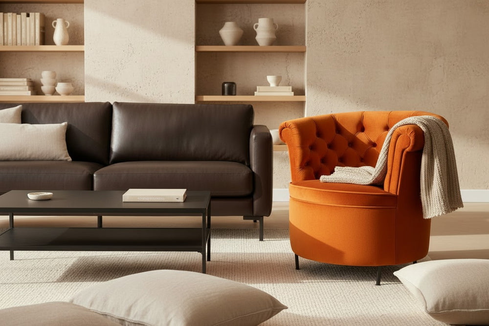 Livvy Cocktailsessel Samt Orange — kompaktes Statement