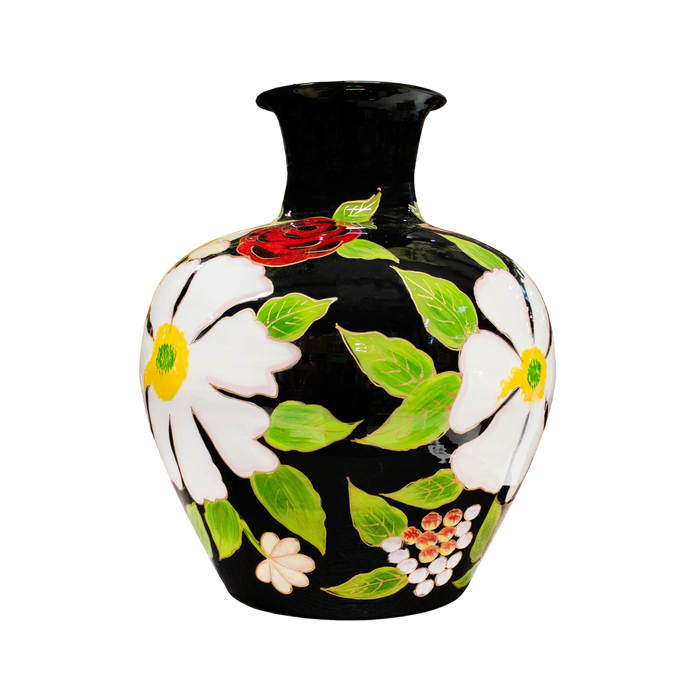 Handbemalte Eisen-Vase in Schwarz – Emaille-Finish – 33x33x39 cm – Modernes Design