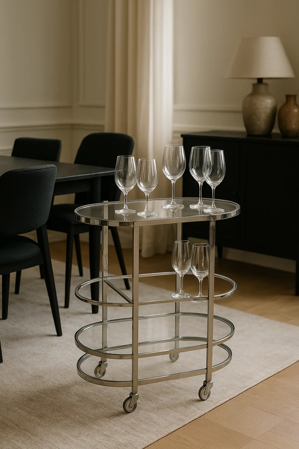 Eleganter Barwagen aus Edelstahl mit Glasablagen – mobile Hausbar mit Rollen, 70 cm