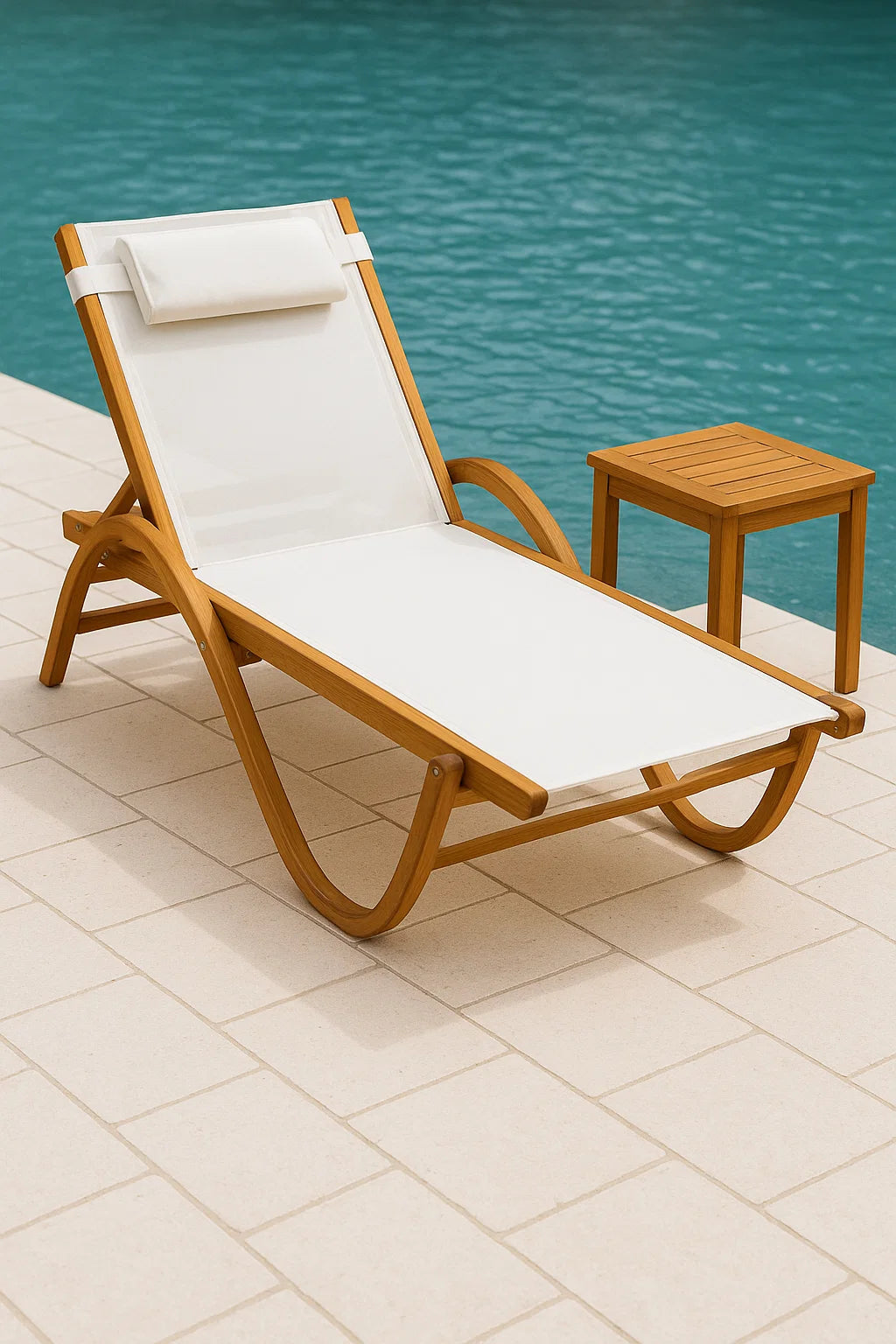 Outdoor Einzelliege – weiße Textil-Liegefläche & Holz – 198×57×90 cm – wetterfest