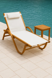 Outdoor Einzelliege – weiße Textil-Liegefläche & Holz – 198×57×90 cm – wetterfest