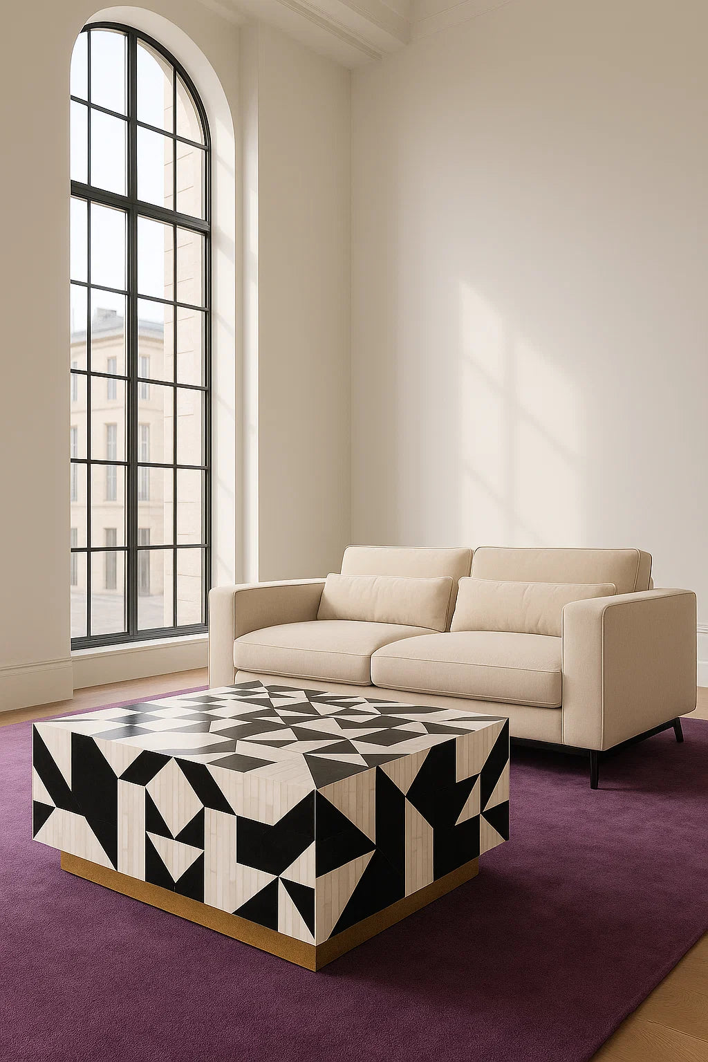 Couchtisch mit Bone Inlay in Schwarz-Weiß – grafisches Mosaik – 80×80×30 cm – modernes Design