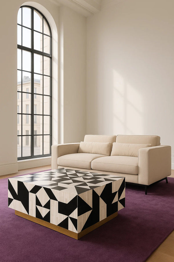 Couchtisch mit Bone Inlay in Schwarz-Weiß – grafisches Mosaik – 80×80×30 cm – modernes Design