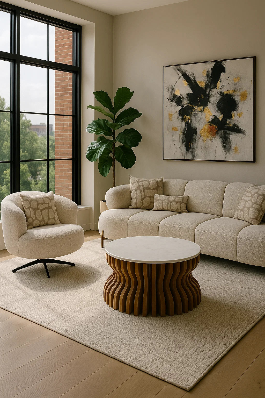 Drehbarer Lounge-Sessel aus Bouclé in Beige – mit Zierkissen – 88x95x75 cm – modern & gemütlich