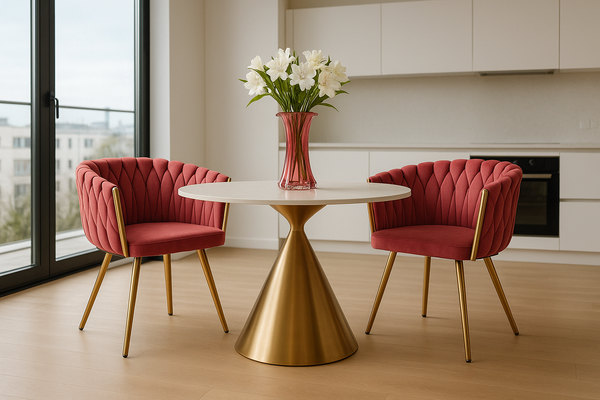 Esszimmerstühle 2er-Set aus Samt – geflochtenes Fuchsia – 56x62x68 cm – Goldgestell   Zeichenanzahl: 84