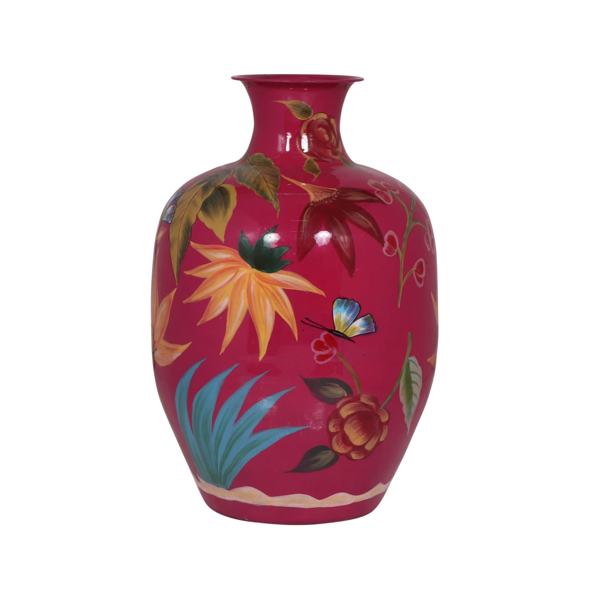 Vase aus Eisen mit Emaille in Fuchsia – handbemalt & glänzend – 33x33x49 cm