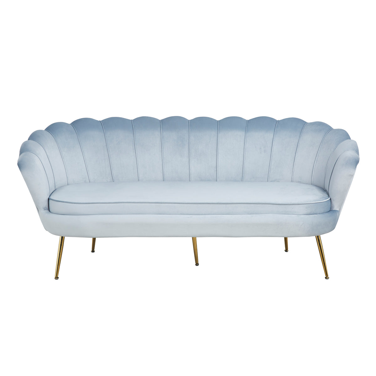 Muschelsofa 3-Sitzer aus hellgrauem Samt mit Goldgestell – 180×76×78 cm