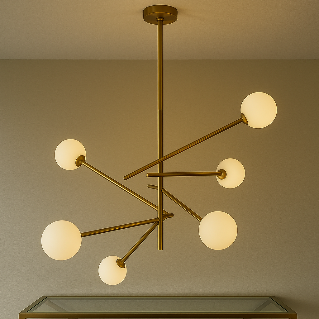 Kronleuchter aus satiniertem Messing – weiße Glaskugeln – höhenverstellbar bis 116 cm – G9-Fassung – modernes Design