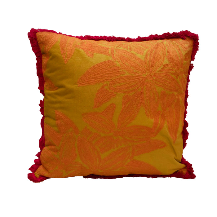 Zierkissen mit Blättermuster – Samt gelb/pink – 50×50 cm – mit Fransenrand