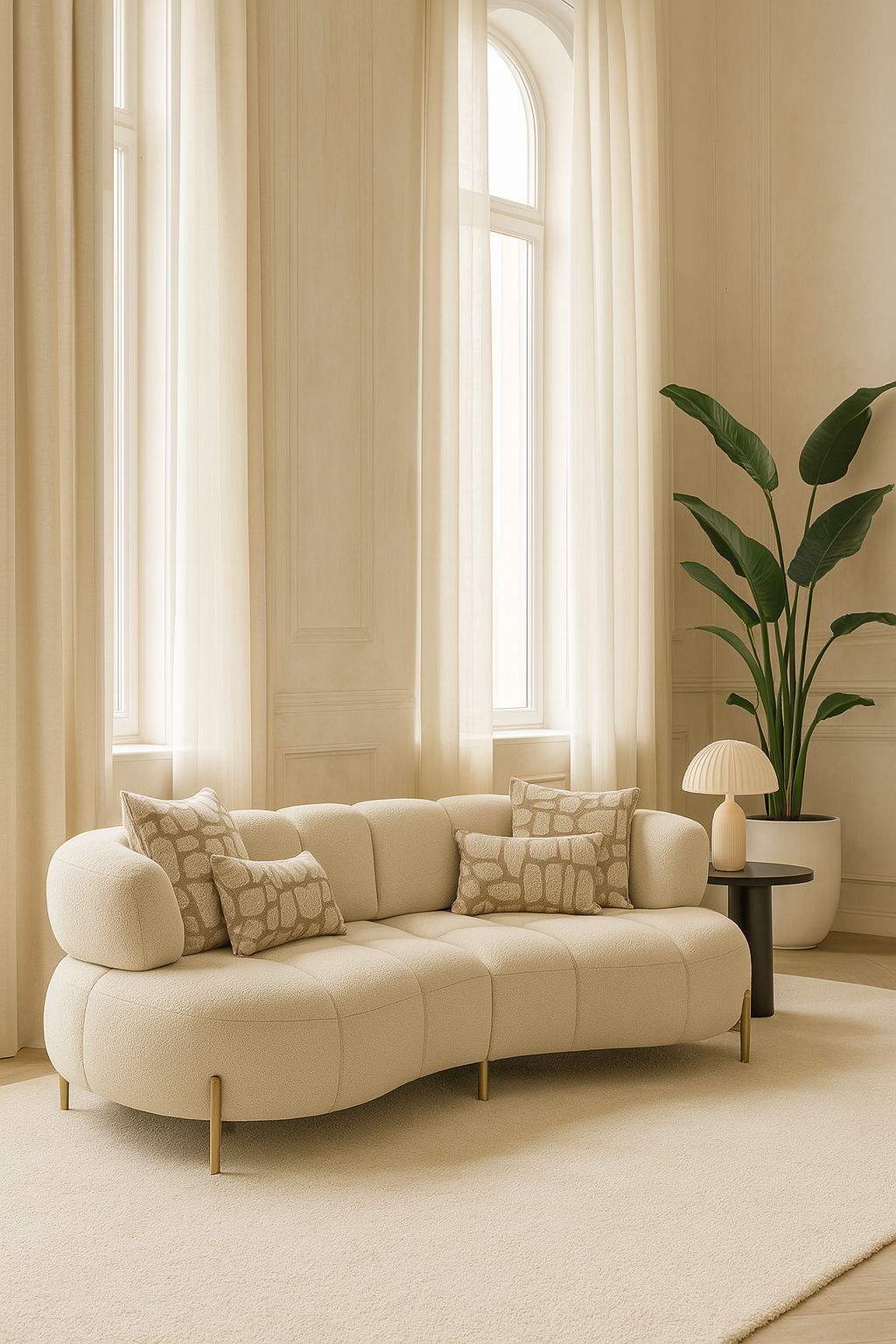 3-Sitzer Sofa in Beige aus Bouclé-Stoff – organische Form – 240×115×80 cm – Retro-Design