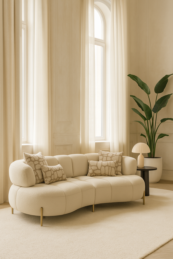 3-Sitzer Sofa in Beige aus Bouclé-Stoff – organische Form – 240×115×80 cm – Retro-Design