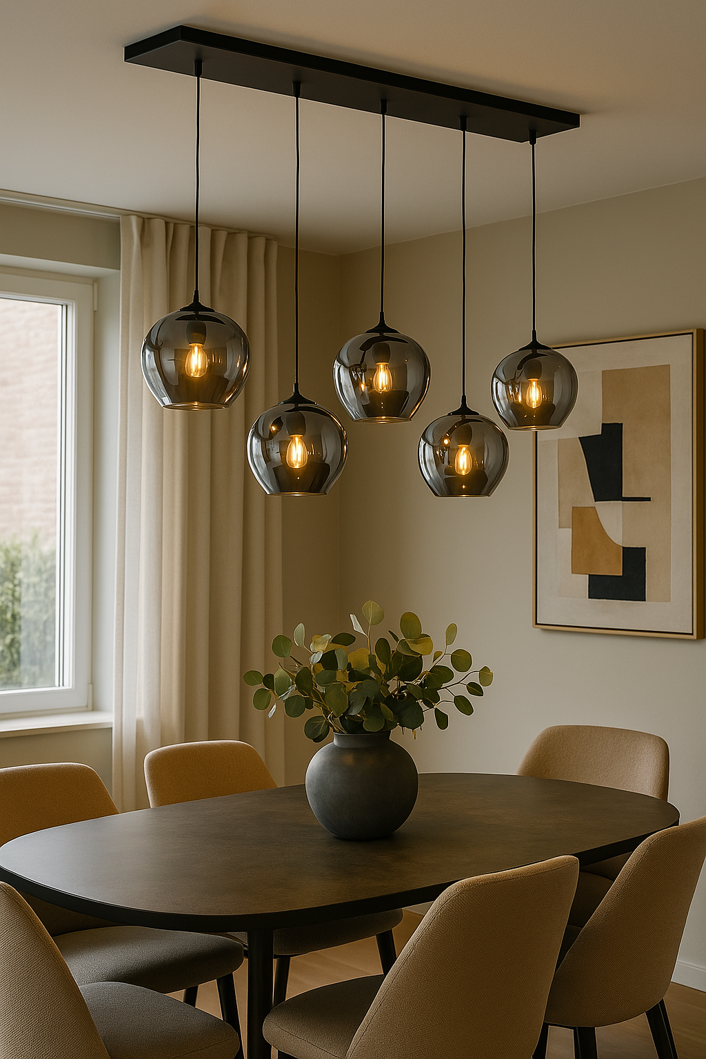 Pendelleuchte mit Rauchglaskelchen – 6-flammig – 120 cm Breite – modernes Design in Schwarz