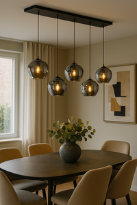 Pendelleuchte mit Rauchglaskelchen – 6-flammig – 120 cm Breite – modernes Design in Schwarz