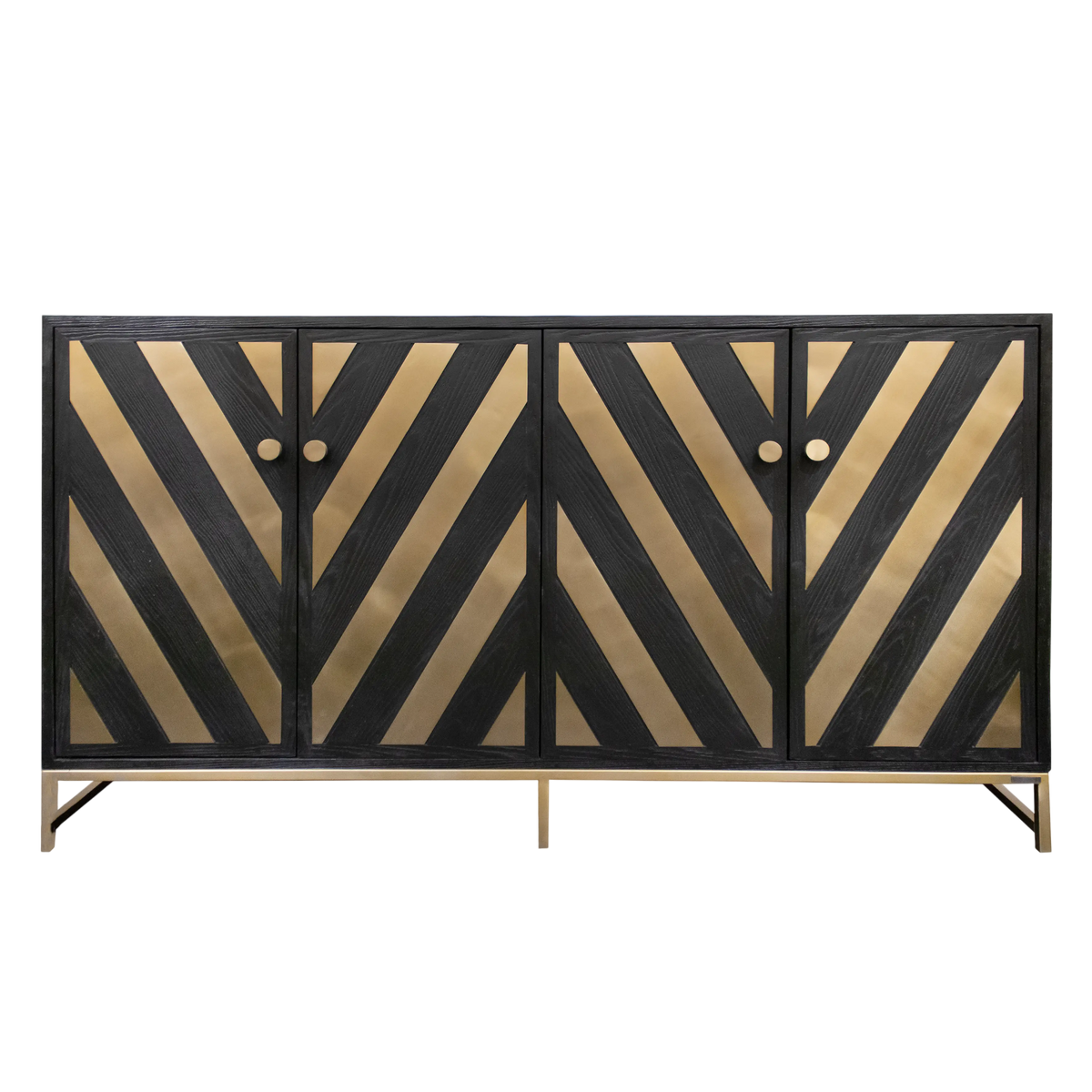 Sideboard aus Mangoholz in Schwarz – Chevron-Front & goldene Details – 180 × 50 × 86 cm – Industrial-Stil