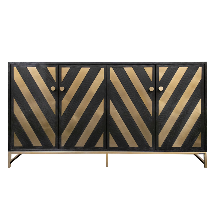 Sideboard aus Mangoholz in Schwarz – Chevron-Front & goldene Details – 180 × 50 × 86 cm – Industrial-Stil
