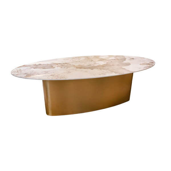 Ovaler Esstisch mit Keramikplatte – Edelstahl gold – 240×120×76 cm – handgefertigt