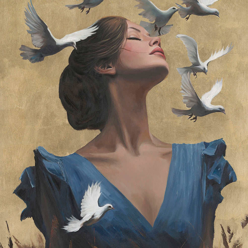 Handgemaltes Wandbild Bird Lady in Gold – 90x120 cm – mit Rahmen – figurativ & edel