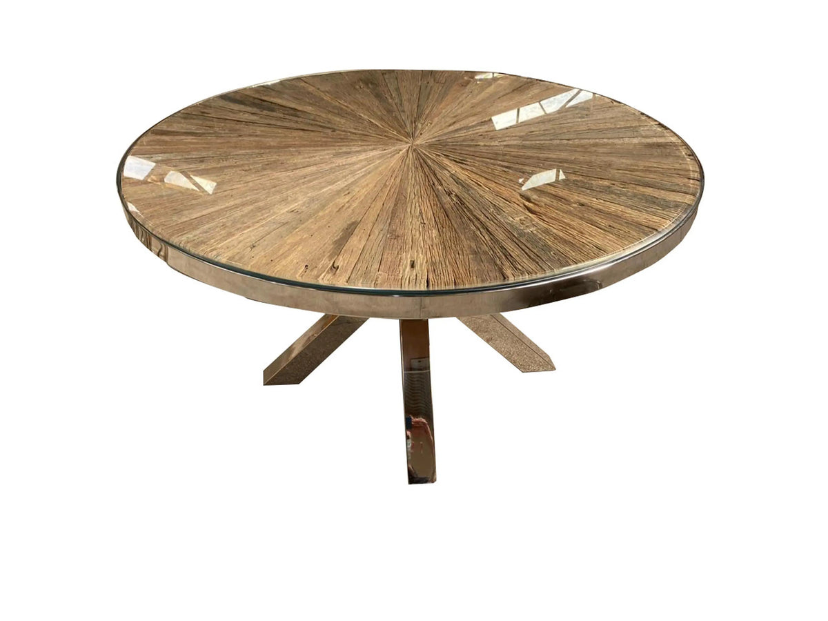 Ovaler Esstisch aus recyceltem Holz – Glasplatte – 181×110×76 cm – rustikal & modern