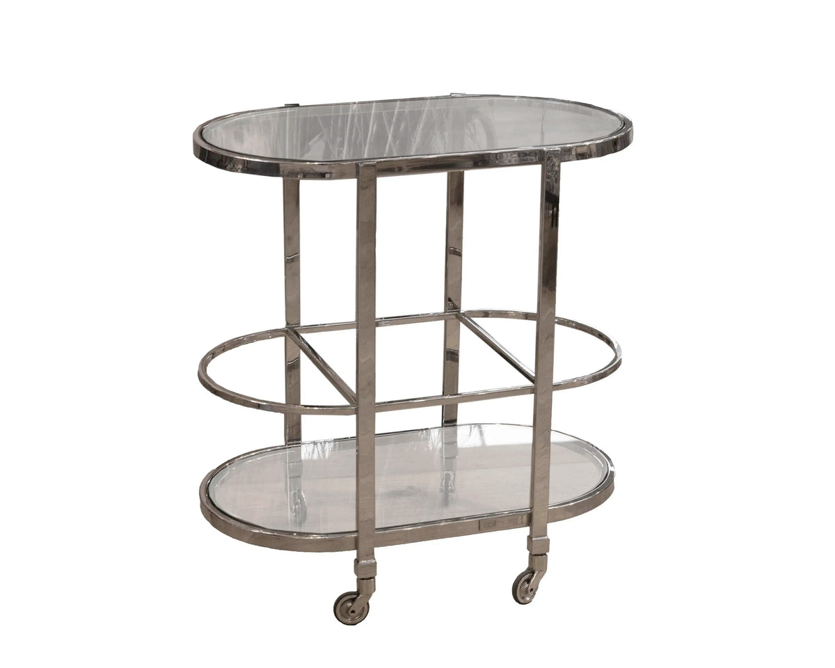 Eleganter Barwagen aus Edelstahl mit Glasablagen – mobile Hausbar mit Rollen, 70 cm