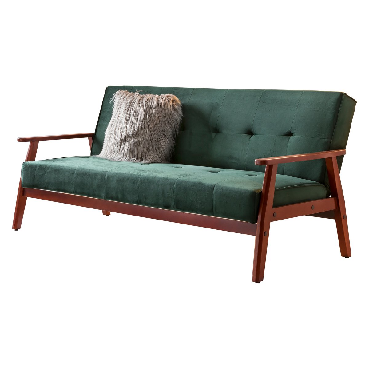 Schlafsofa in Grün mit Samtbezug, Massivholzgestell aus Eukalyptus und 3-in-1-Funktion – Sitz-, Chill- & Liegeposition, 190 cm breit.