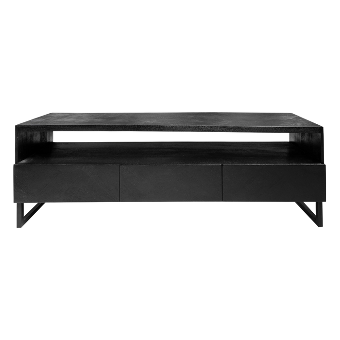 TV-Lowboard in Schwarz – Mangoholz mit Fischgrätmuster – 160×40×60 cm – mattes Design