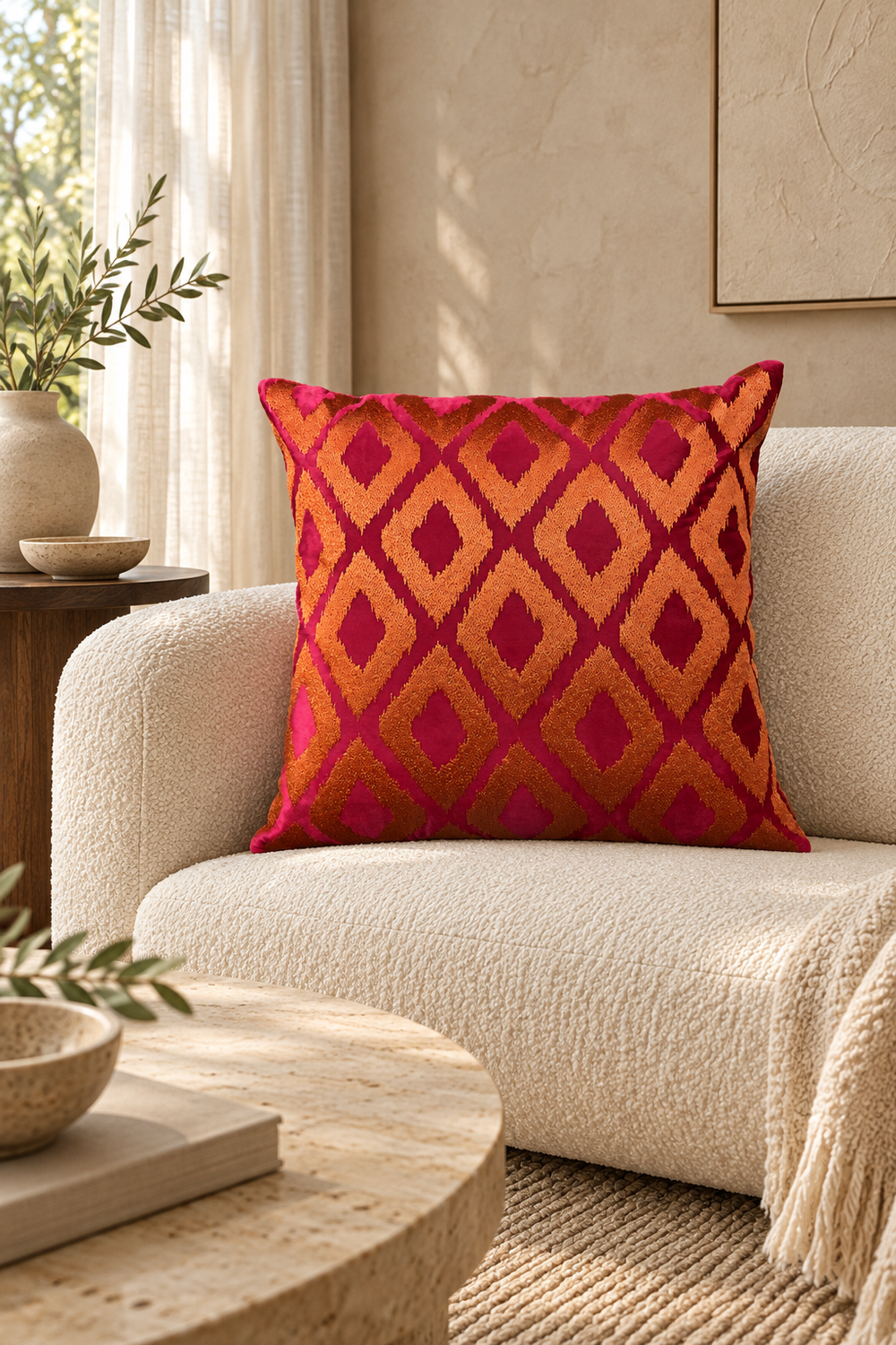 Kissen ELIORA in Fuchsia und Orange auf cremefarbenem Sofa mit Travertintisch – KI-generierte Wohninszenierung