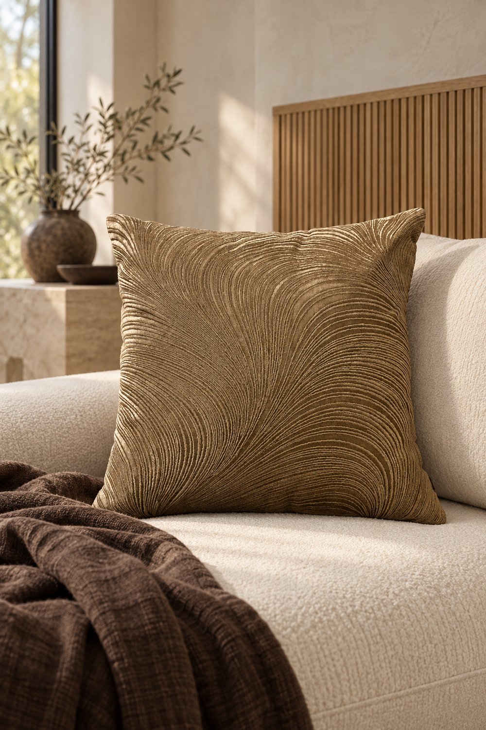 Kissen ELOISE Bronze auf hellem Daybed – KI-generierte Wohninszenierung im Pinterest-Format