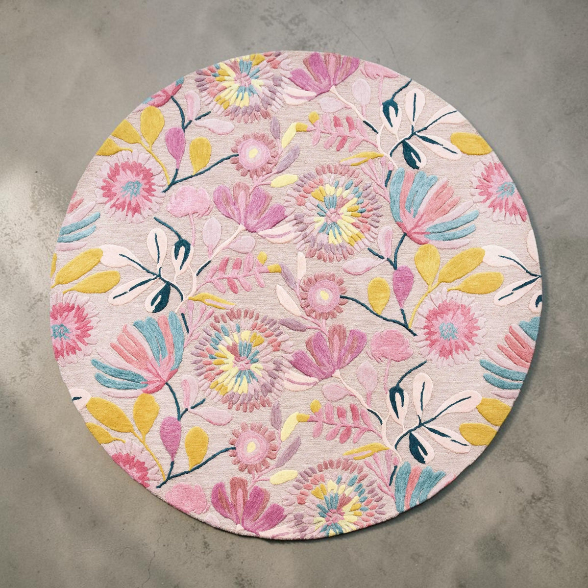 Teppich Wolle Rosa Blumen Rund 250 — handgetuftetes Unikat