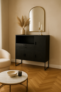 Schrank aus Mangoholz – matt schwarz – 140×40×150 cm – Fischgrät-Design