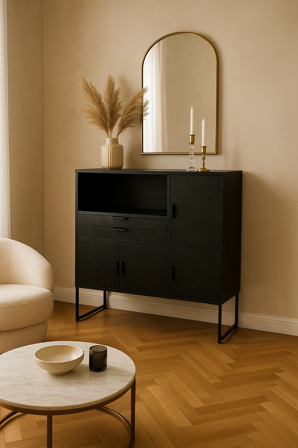 Schrank aus Mangoholz – matt schwarz – 140×40×150 cm – Fischgrät-Design