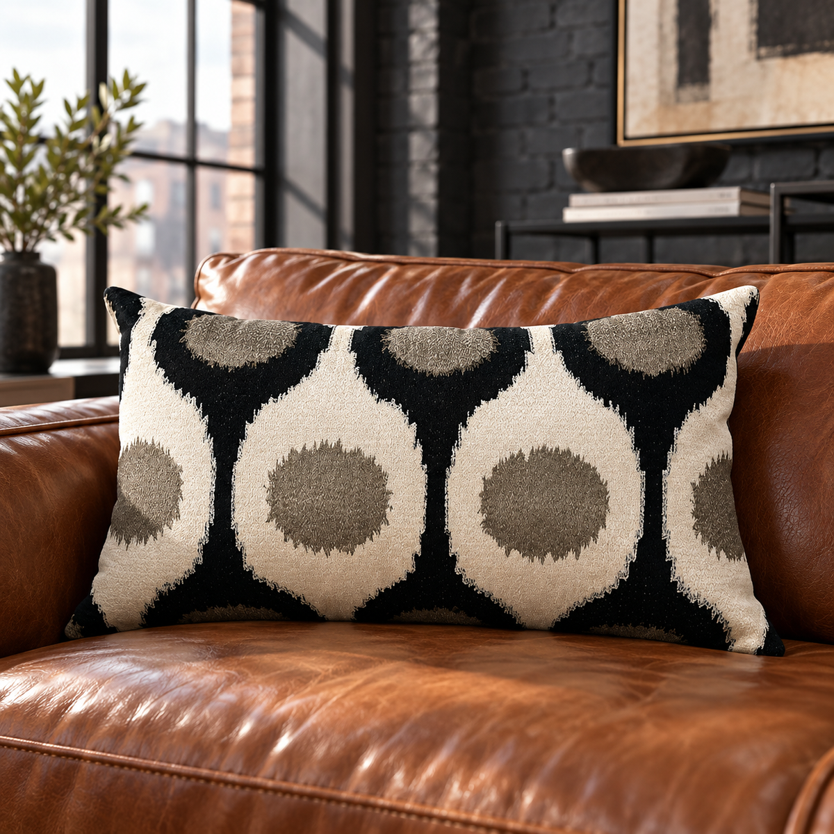 Kissen FAYE Creme/Schwarz 60 × 35 cm – KI-generierte Wohninszenierung