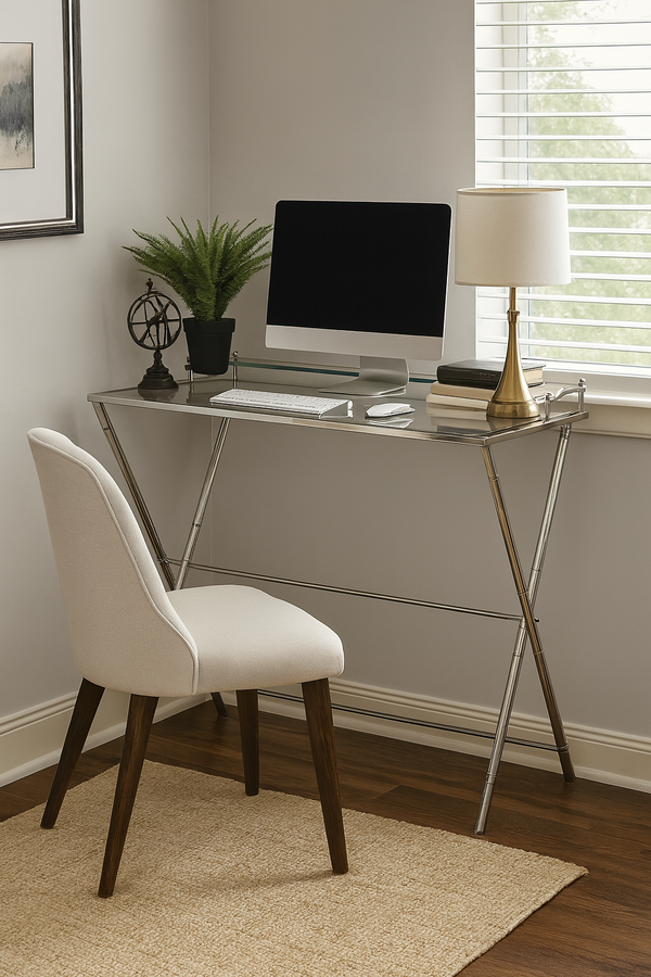 Schreibtisch aus Glas und Edelstahl – 86×53×93 cm – silberfarben – modernes Design