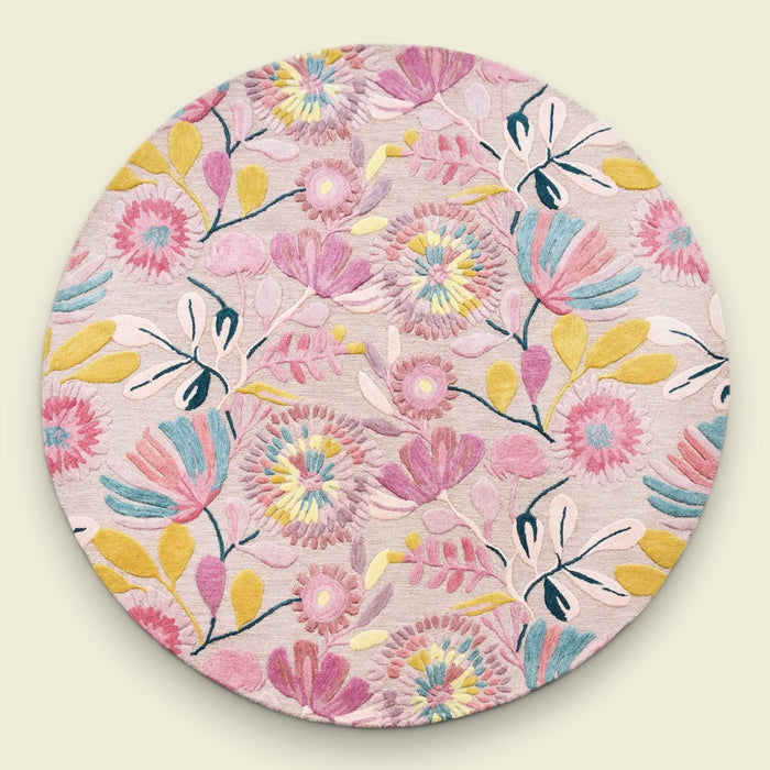 Teppich Wolle Rosa Blumen Rund 250 — handgetuftetes Unikat